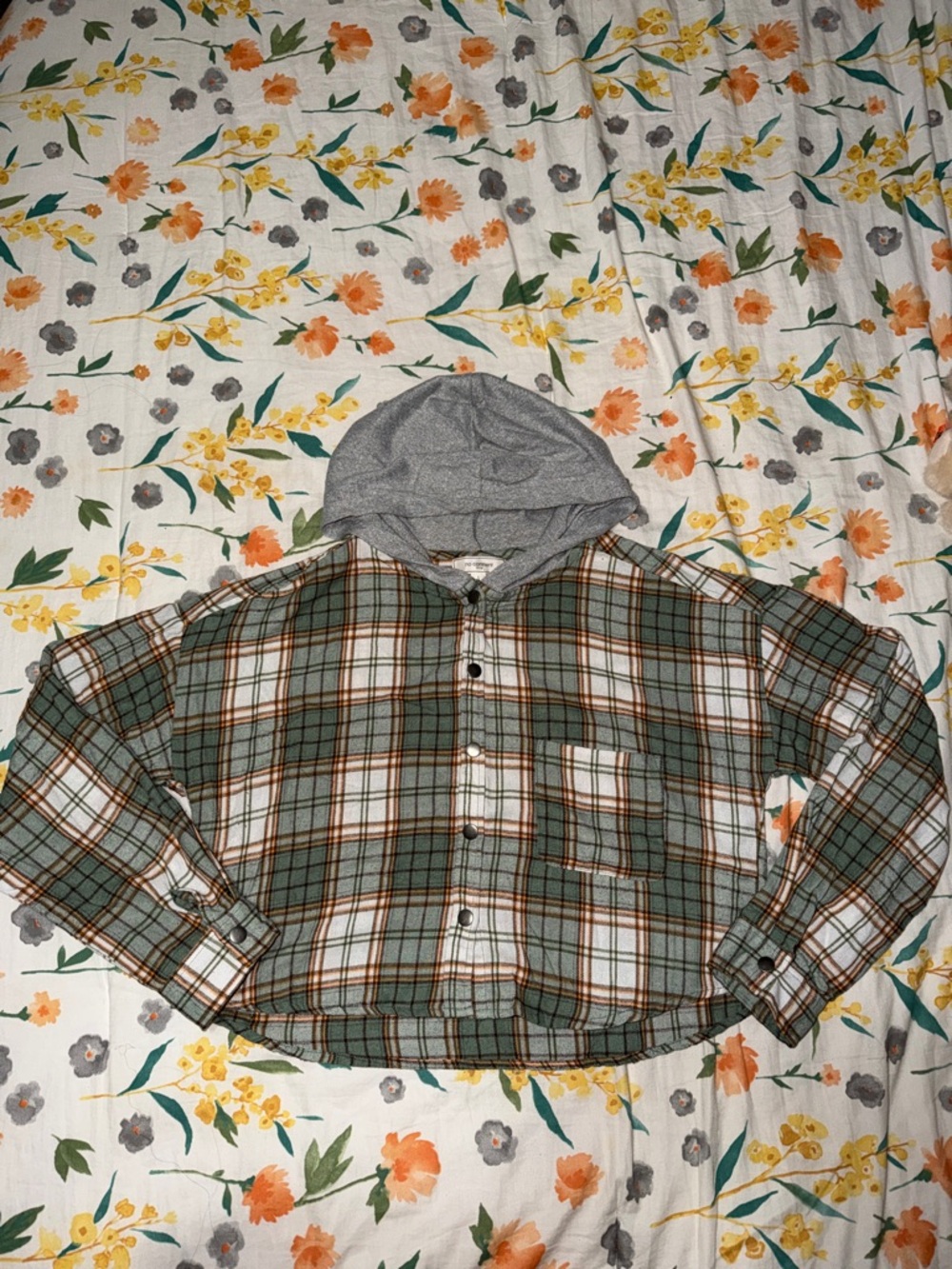 Women’s Green Plaid Button-Down Shirt with Gray Hood